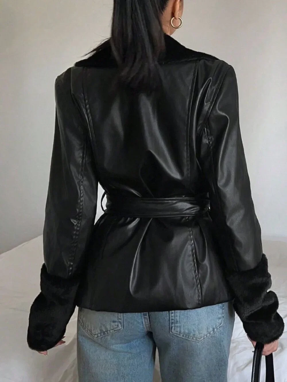 Black contemporary Women's Long Sleeve belted faux leather fur trim Jacket - Picture 3 of 7